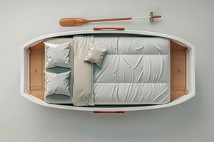 Cozy bed shaped like a boat with pillows and an oar in a serene white room photo