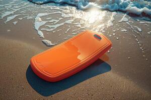 An orange buoy resting on sunlit sand as gentle waves lap the shore at sunrise photo