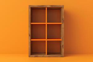 A modern wooden shelf with orange accents against a bright orange background, perfect for vibrant home decor photo