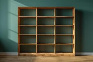 A wooden bookshelf casts long shadows in a sunlit room against a serene green wall photo
