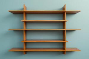 Modern wooden shelving unit with a minimalist design mounted on a light blue wall for a stylish interior decor photo