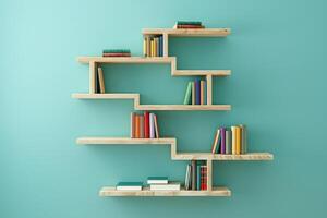 Unique wooden bookshelf design showcasing colorful books against a vibrant teal wall in a modern interior photo