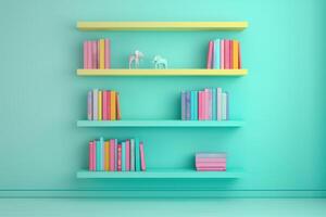 Vibrant bookshelf display with pastel colors and playful sculptures against a teal wall photo
