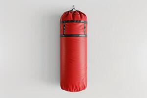 A vibrant red punching bag hanging against a clean white wall in a modern gym setting photo