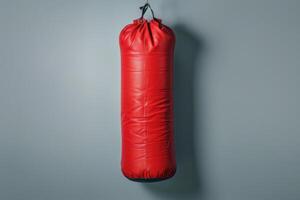 A striking red punching bag hangs against a calm blue wall in a cozy workout space during early morning hours photo