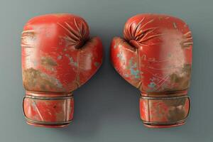 Worn red boxing gloves show history and passion of the sport in a gritty training gym photo
