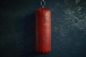 A lone red punching bag swings gently in a dimly lit gym, embodying the spirit of perseverance and athleticism photo