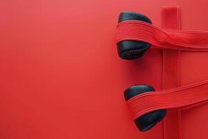 Boxing gloves wrapped in vibrant red tape on a striking red background conveying energy and preparation photo