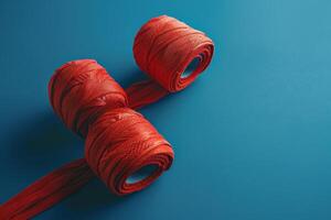 Bright red ribbons elegantly coiled on a vibrant blue background, showcasing craftsmanship and creativity in textile arts photo