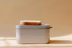 A rustic soap dish holding a single bar of soap against a warm, golden backdrop in a softly lit room photo