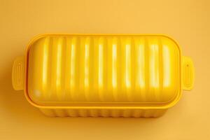 A cheerful yellow baking dish resting on a bright yellow surface, perfectly aligned and ready for culinary creativity photo