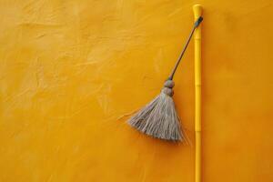 A broom and stick hanging against a vibrant yellow wall with a minimalist design photo