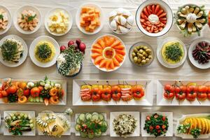 A vibrant spread of fresh fruits and gourmet dishes on a lavish banquet table in bright daylight photo