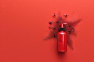A striking red bottle amidst a flurry of ants on a vivid red backdrop, conveying an unconventional battle between nature and everyday life photo