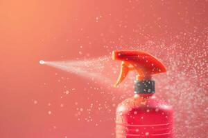 Vibrant mist from a red spray bottle against a warm peach background photo