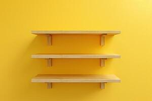 Modern wooden shelves against a bright yellow wall creating a cheerful and vibrant atmosphere in a minimalist space photo