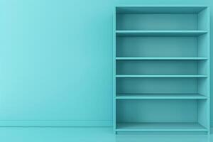 A serene teal room featuring a minimalist bookshelf, inviting creativity and contemplation during a quiet afternoon photo