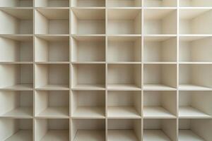 Empty wooden shelving unit ready for creative organization in a bright workspace photo