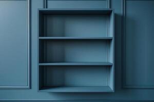 Elegant blue wall with a minimalist shelf displaying modern craftsmanship and design photo