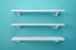 Minimalist white shelves against a bright turquoise wall, showcasing modern design and organization in a sunlit room photo