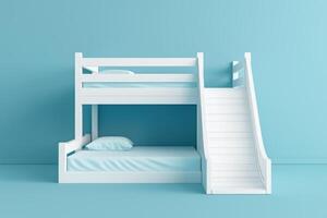 Stylish and modern bunk bed in a tranquil blue room with a playful slide and soft bedding photo