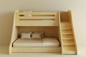 Cozy wooden bunk bed with stairs and plush bedding in a minimalist design for a bright room photo