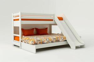 A playful bunk bed design with a slide for children's rooms featuring bright orange accents photo