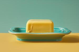 Bright yellow butter resting on a vintage turquoise plate against a warm yellow background photo