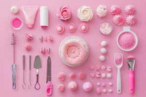 A delightful array of pink baking supplies and treats laid out artistically on a pastel backdrop photo