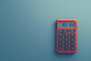 A vibrant red calculator resting on a smooth blue table surface, displaying an intriguing digital readout, ideal for math enthusiasts and students alike photo