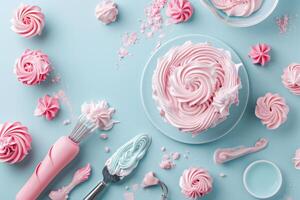 Delightful pink frosting swirls and baking tools arranged artfully on a pastel blue surface in a cozy kitchen setting photo