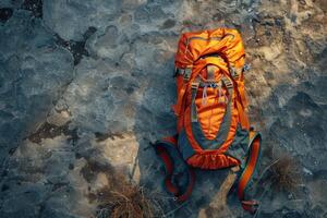Vibrant orange backpack resting on rugged terrain during a sunny afternoon adventure photo