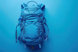 A vibrant blue backpack resting against a soft blue background, ready for the adventures ahead photo