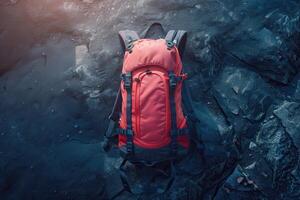 A vibrant red backpack rests on rugged, dark rocky terrain under the soft light of dawn photo
