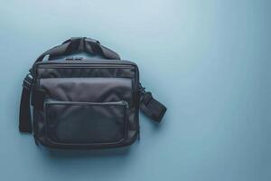 A sleek black messenger bag elegantly positioned on a soft blue backdrop, showcasing versatile style for daily commuters and students photo