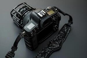 A detailed view of a professional camera setup showcasing its features and accessories on a minimalist background in soft lighting photo