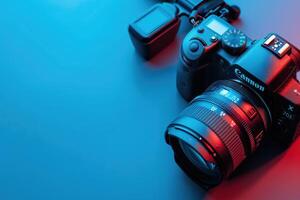 A close-up view of a Canon camera surrounded by dramatic blue and red lighting, showcasing its sleek design and advanced features photo