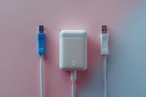 Modern charger with colorful USB cables on a pastel backdrop photo