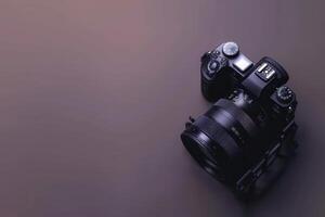 A sleek camera rests elegantly on a smooth surface, ready to capture vibrant moments in the heart of a creative studio photo