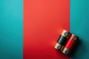 Vibrant arrangement of batteries on vivid red and turquoise backdrop during midday photo