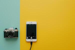 A vintage camera and a modern smartphone on contrasting backgrounds, showcasing the evolution of photography photo