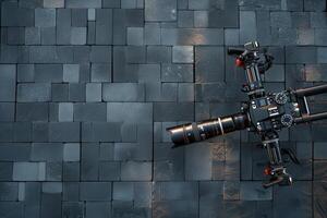 A close-up view of a professional camera setup resting on textured black tiles in a creative studio, showcasing the artistry of photography in action photo
