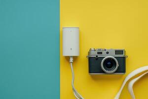 Vintage camera rests on a vibrant yellow and teal background alongside a charging device, evoking a sense of nostalgia and modernity photo