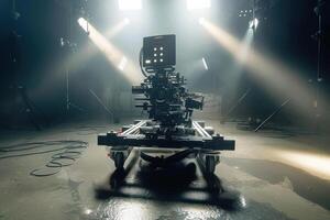 A cinematic camera rig ready for action in a dimly lit studio, illuminated by soft beams of light photo