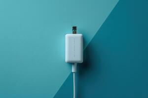 A sleek white USB adapter rests on a vibrant teal background, showcasing modern design in a minimalist setting photo