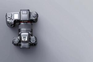 Artistic arrangement of two cameras on a sleek gray background, showcasing their intricate designs and features photo