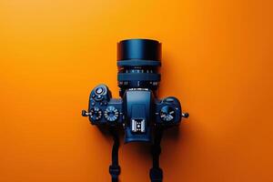 A sleek DSLR camera resting against a vibrant orange backdrop, showcasing its detailed features and craftsmanship photo