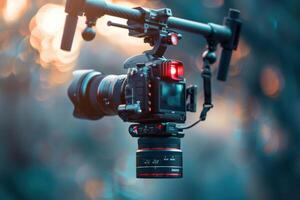 Capturing artistry in motion with a stabilized camera rig in a soft, blurred outdoor setting at dusk photo