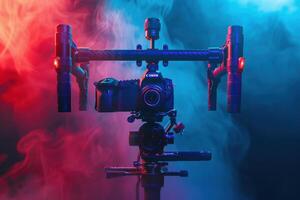 A cinematic camera rig illuminated by vibrant red and blue lights amidst a smoky backdrop photo