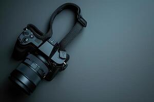 A sleek camera rests on a dark surface, ready for creative exploration capturing the world at any moment photo